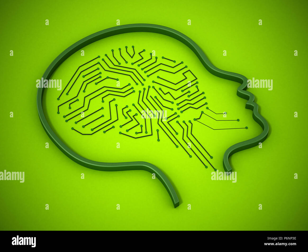 PCB brain inside female head icon. 3D illustration. Stock Photo