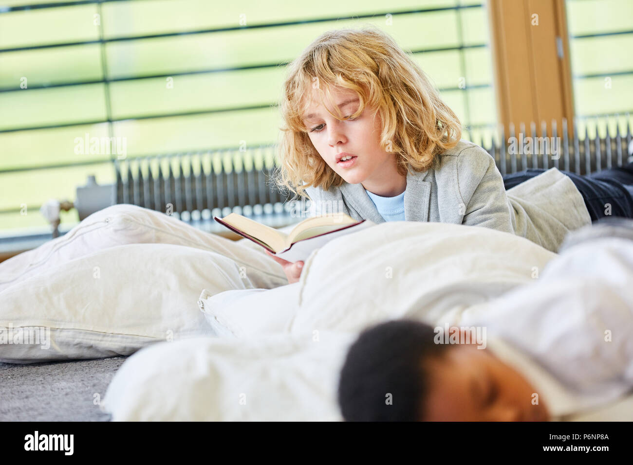 Blond boy reads concentrated in a storybook or non-fiction book Stock Photo