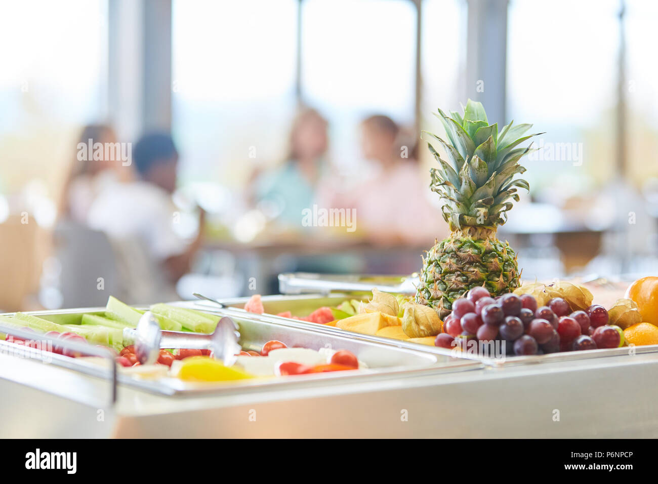Fresh healthy fruit at the buffet of primary school or kindergarten Stock Photo