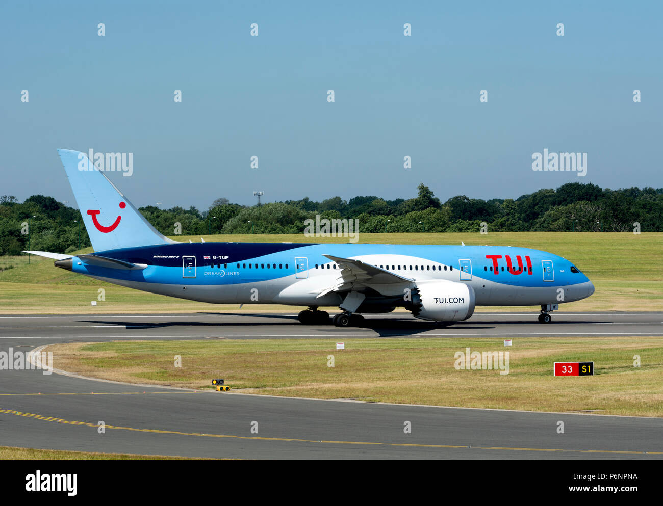 Tui Boeing 787-8 Dreamliner taking off at Birmingham Airport, UK (G ...