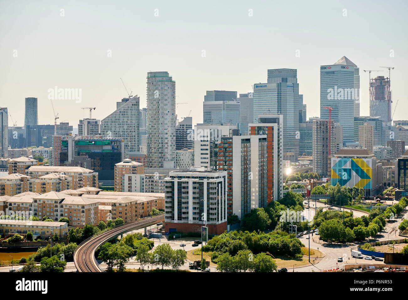 Canary Wharf tower blocks from the east, London, UK Stock Photo