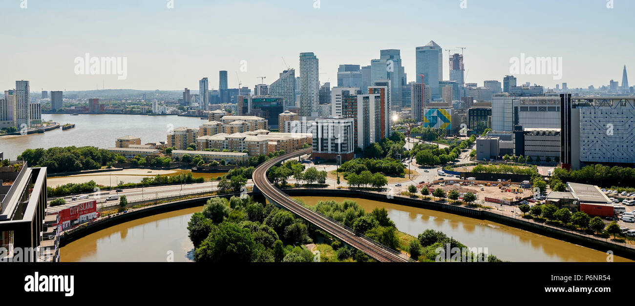 Canary Wharf and river Thames from the east, London, UK Stock Photo