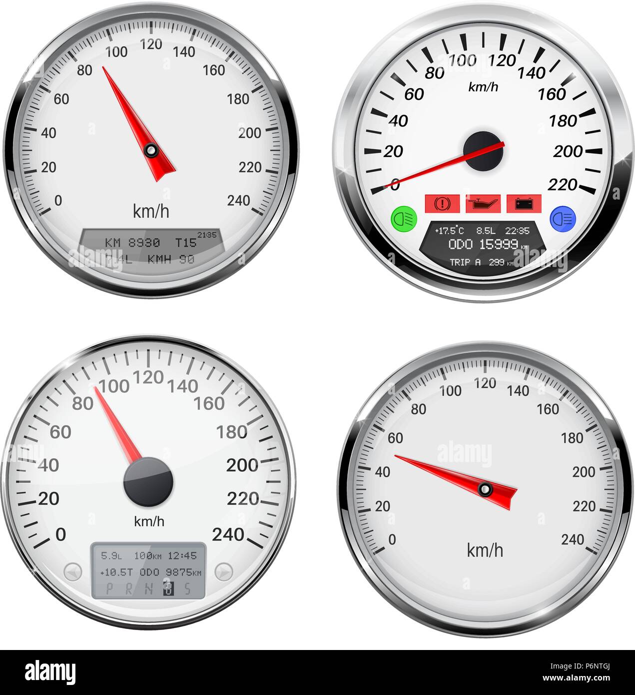 Speedometers and tachometers. Car dashboard gauges with chrome frame