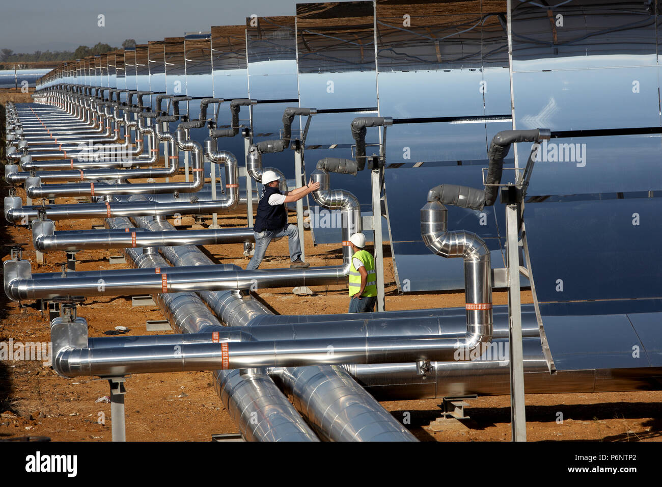 Concave mirror technology of the solar power plant 'La Risca' near Badajoz Extremadura in Spain. Stock Photo