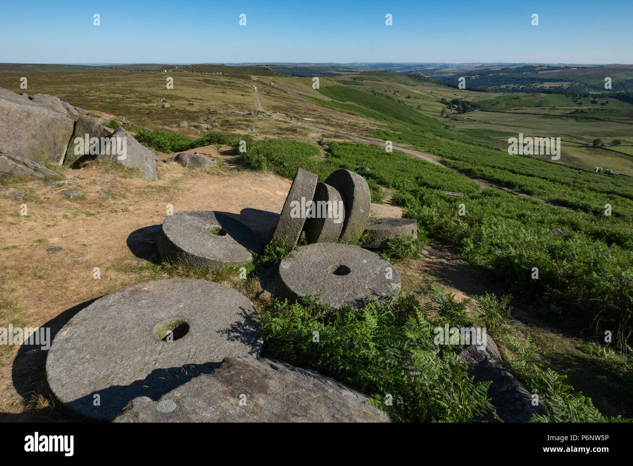 Peak District millstones at Stanage Edge, Derbyshire. Stock Photo