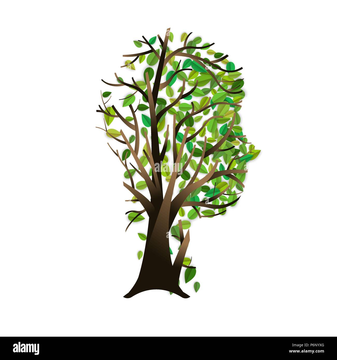 Tree made with leaves in human head shape. Think green concept, Environment help illustration of man profile silhouette. EPS10 vector. Stock Vector