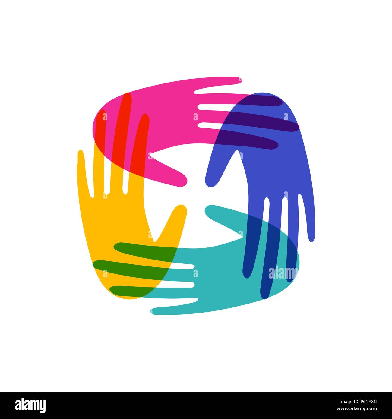 Colorful human hands together. Community team concept illustration for culture diversity or teamwork project. EPS10 vector. Stock Vector