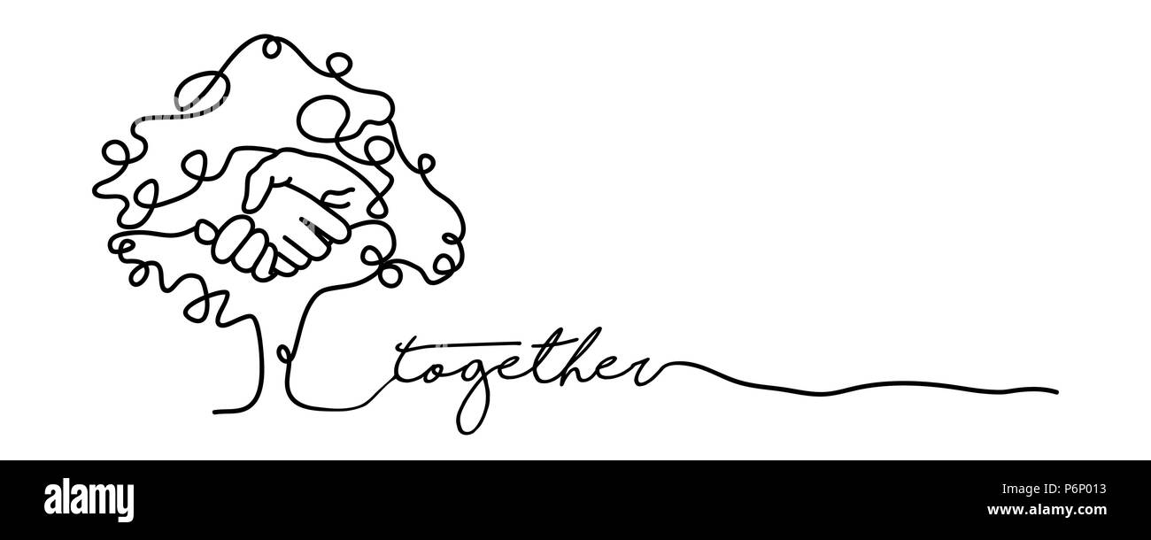 Togetherness concept web banner with continuous line illustration of hand inside a tree. EPS10 vector. Stock Vector