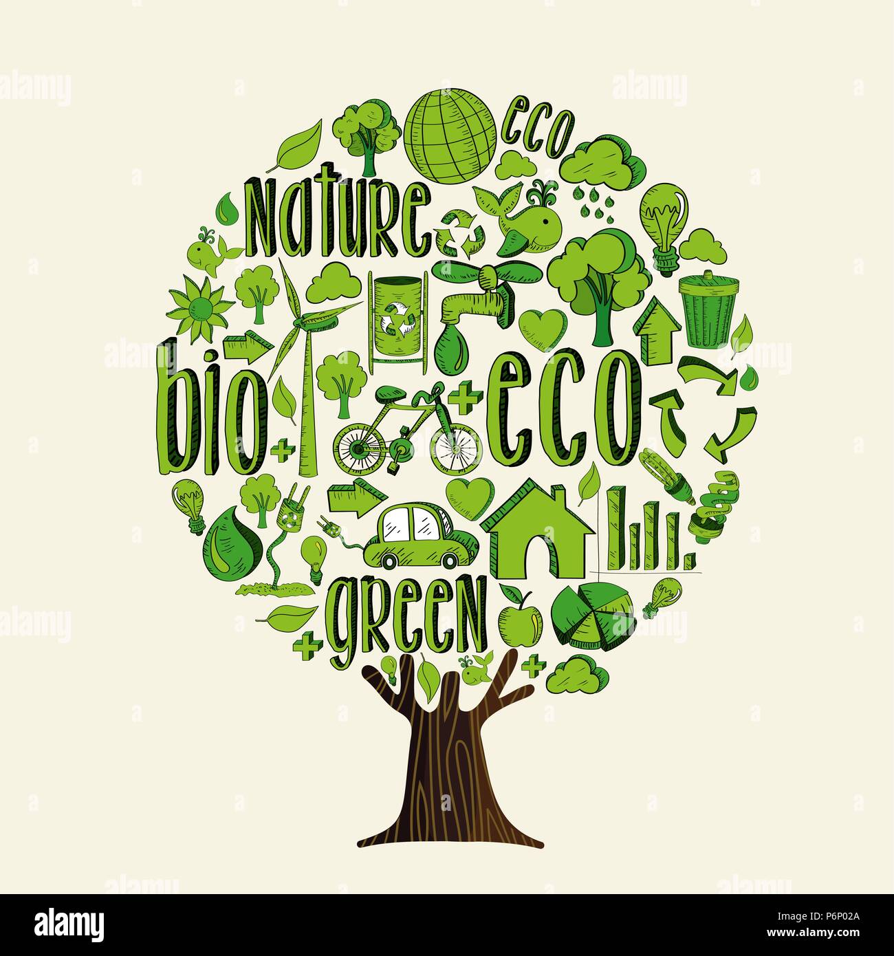 Tree made of eco friendly icons and symbols, think green concept. Environment help illustration for planet conservation. EPS10 vector. Stock Vector