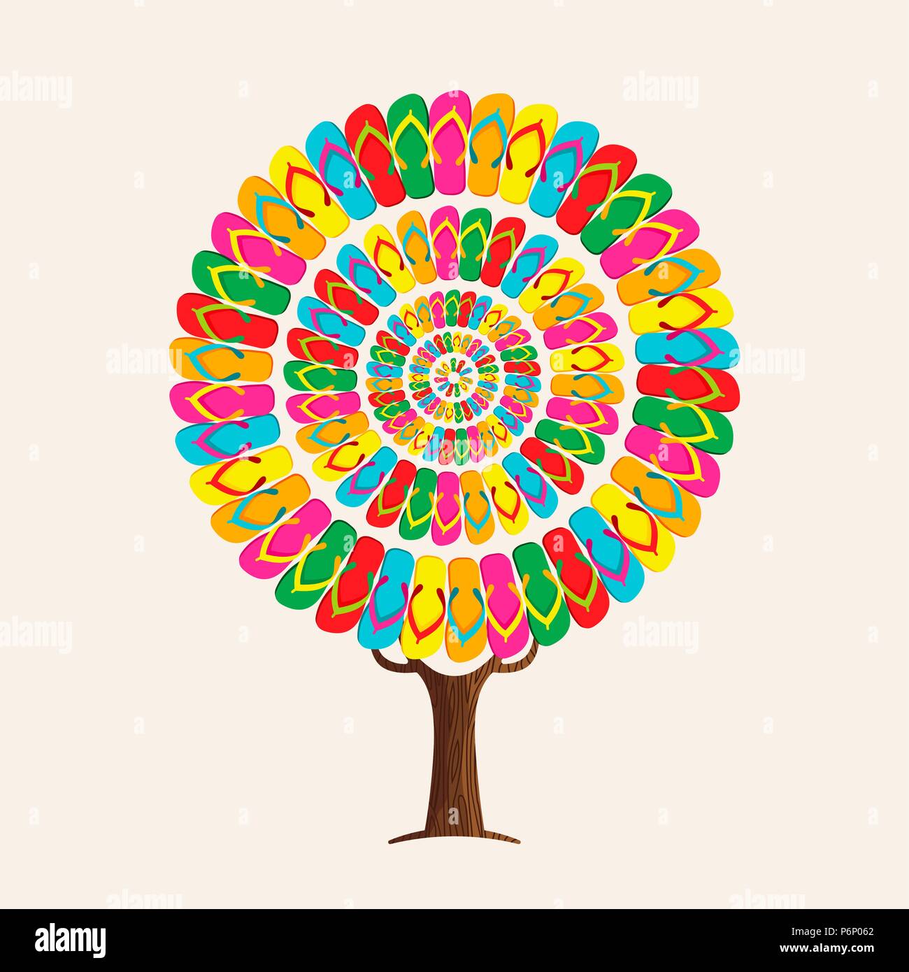 Tree made of colorful summer footwear for fun beach holiday concept. Vibrant color flip flop decoration, summertime vacation illustration. EPS10 vecto Stock Vector