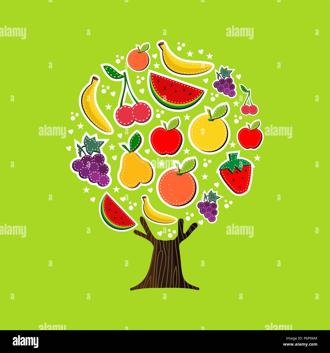 Summer fruit tree made of tropical food, fun summertime vacation concept. Includes watermelon, apple, orange and banana. EPS10 vector. Stock Vector