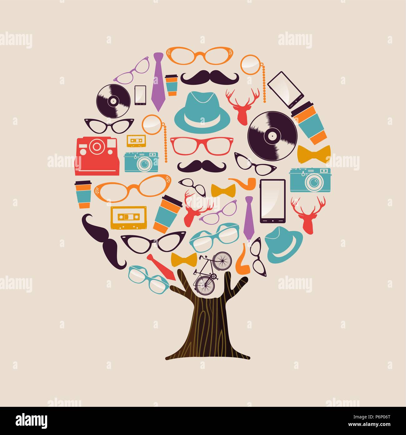 Hipster fashion tree made of retro style icons. Vintage culture concept includes deer, glasses, photgraphy camera and mustache. EPS10 vector. Stock Vector
