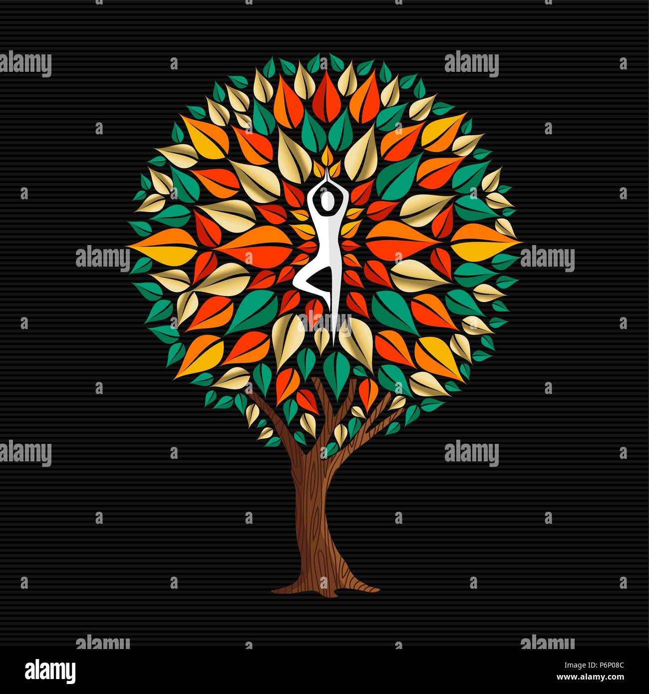 Yoga concept illustration. Woman meditating in tree pose with autumn decoration doing relaxation exercise. EPS10 vector. Stock Vector