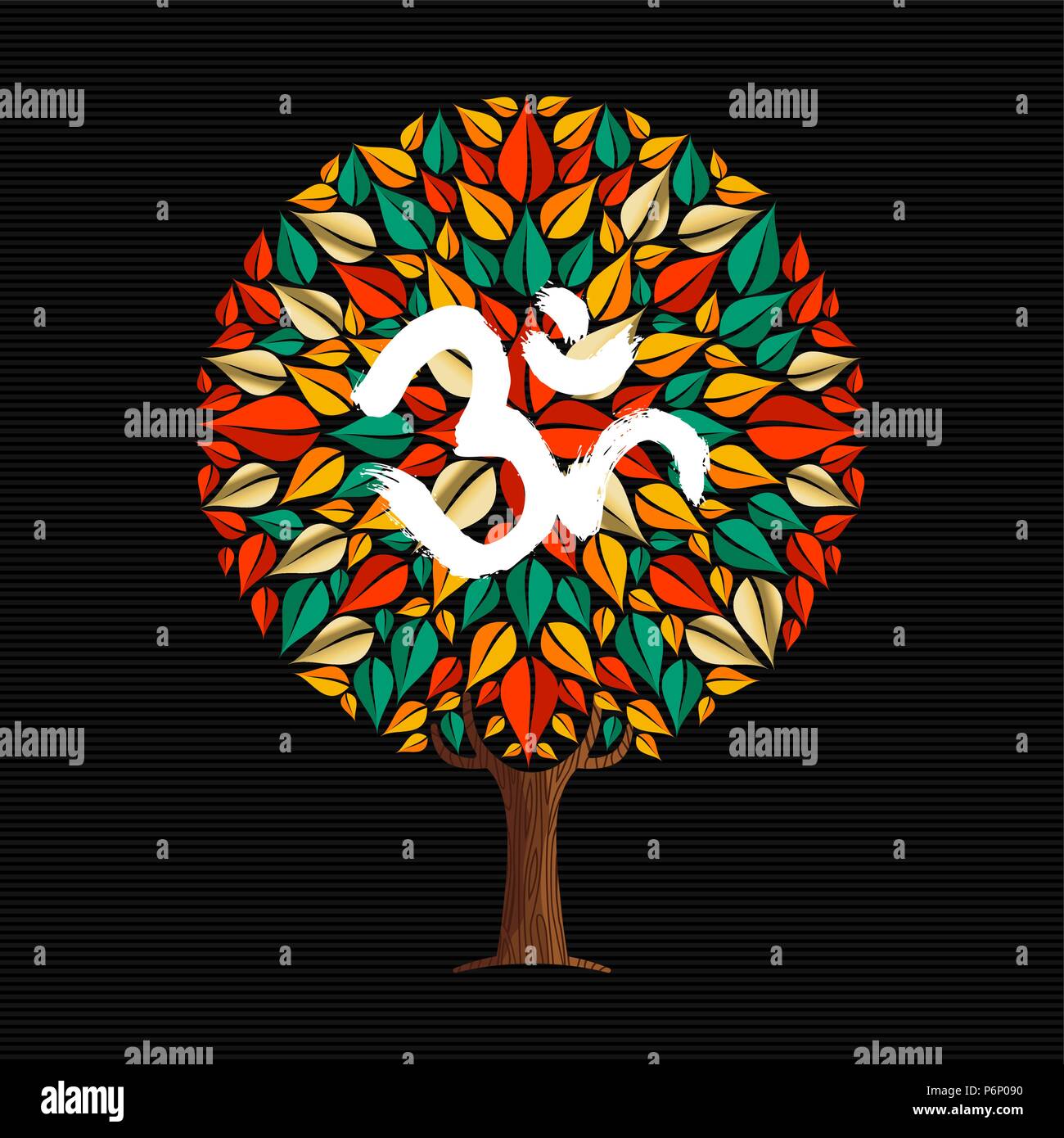 Yoga tree concept illustration. Om traditional calligraphy symbol, brush art style decoration. EPS10 vector. Stock Vector