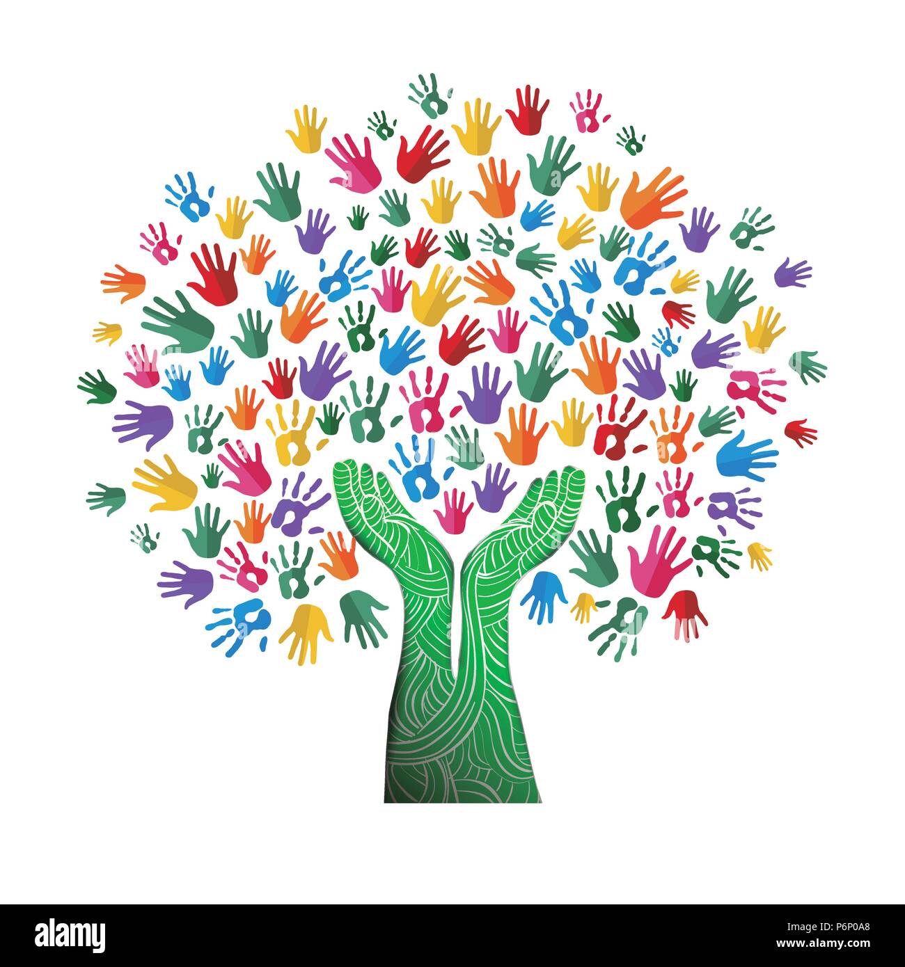 Tree with colorful human hands together in paper cut out style. Community team concept illustration for culture diversity, nature care or teamwork pro Stock Vector