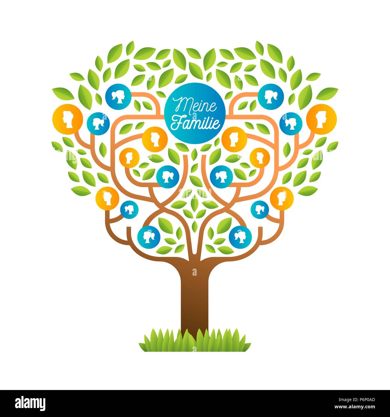 Big family tree template in german language, illustration concept with people icons and colorful green leaves for life generations history. EPS10 vect Stock Vector