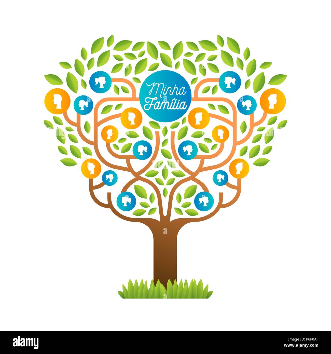 Big family tree template in portuguese language, illustration concept with people icons and colorful green leaves for life generations history. EPS10  Stock Vector