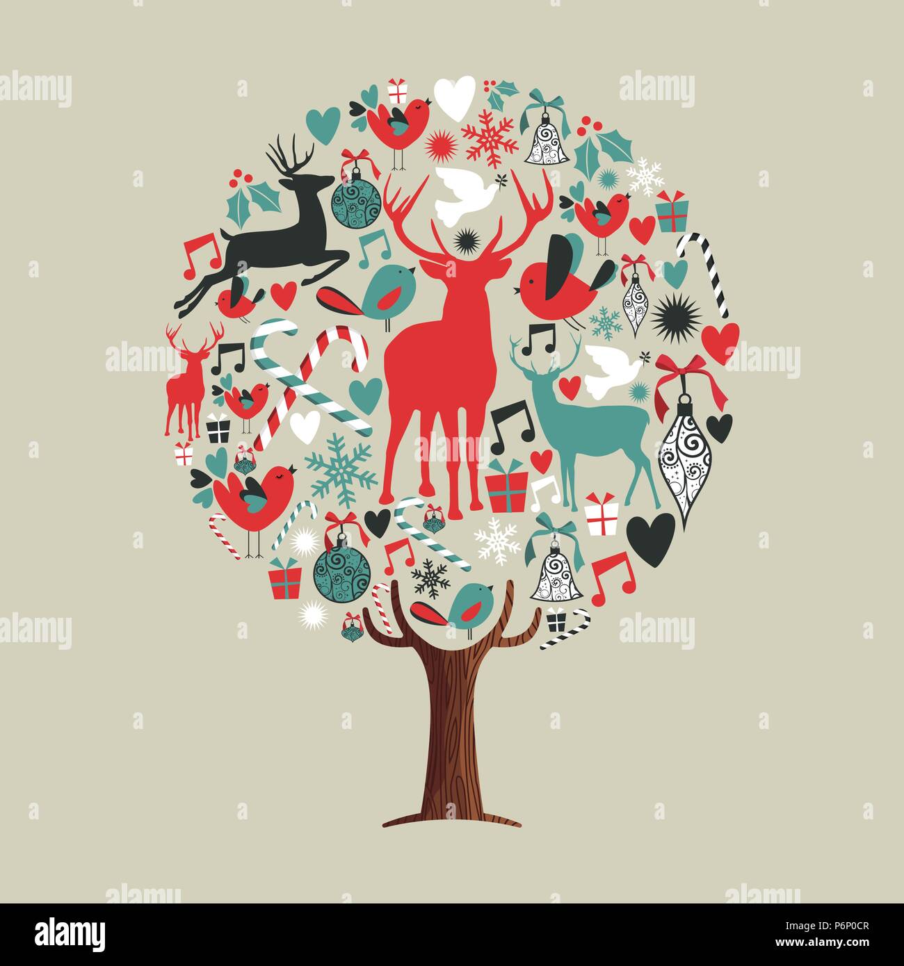 Christmas tree made of vintage style holiday icon set. Merry xmas greeting card with deer, gift box and winter decoration. EPS10 vector. Stock Vector