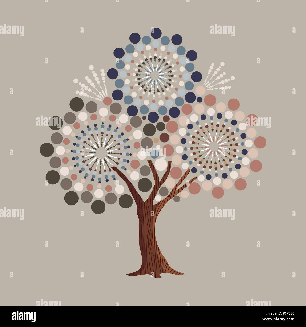 Tree made of abstract circle shapes. Vintage color geometric texture for fun conceptual idea. EPS10 vector. Stock Vector