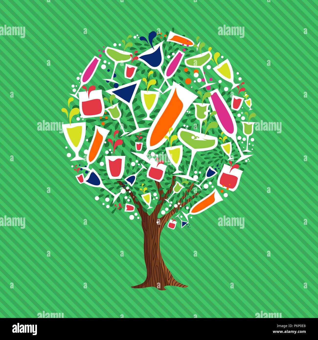 Tree made of colorful drinking glasses. Fruit juice concept, fun summer party drink illustration. EPS10 vector. Stock Vector