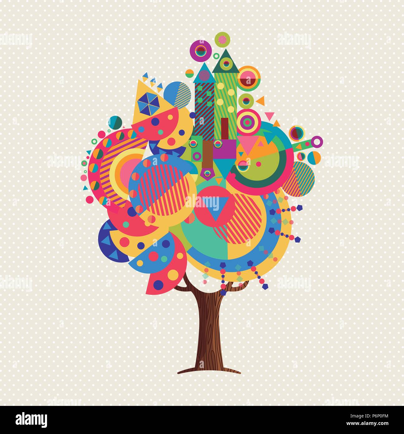 Tree made of colorful abstract shapes. Vibrant color geometric icons and symbols for fun conceptual idea. EPS10 vector. Stock Vector