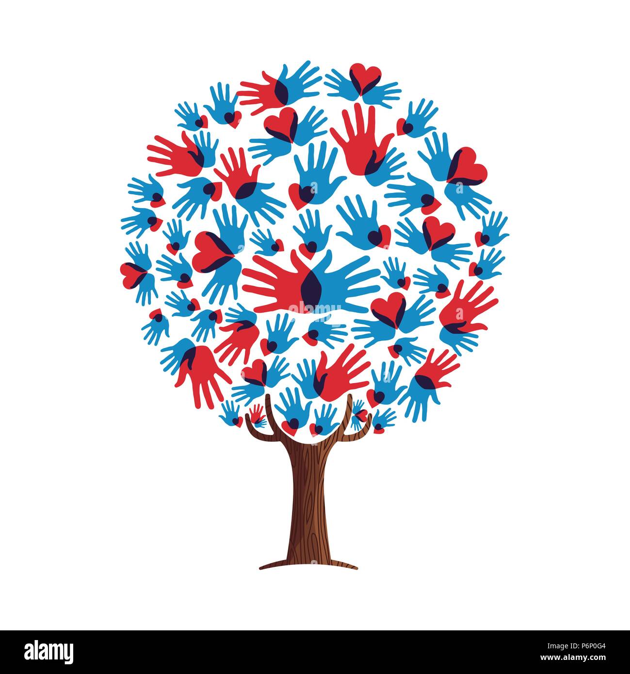 Tree made of colorful human hands in branches. Community help concept, diverse culture group or social project. EPS10 vector. Stock Vector