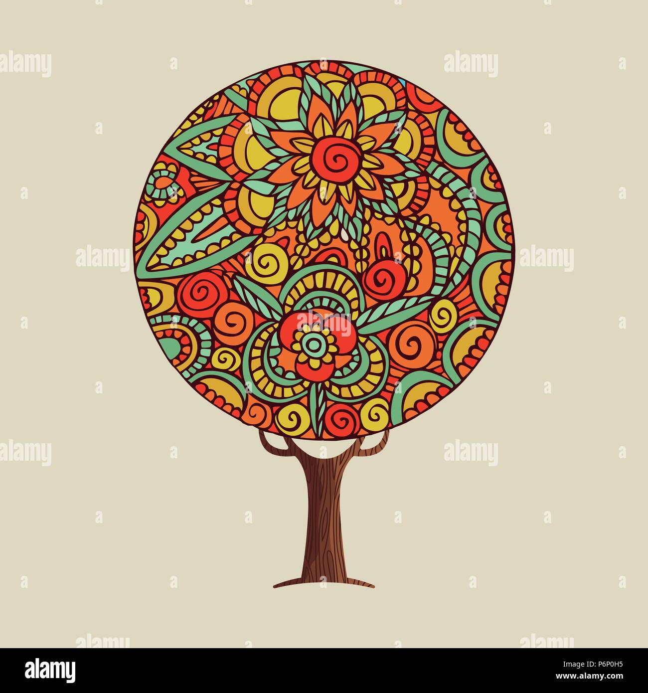 Tree illustration with colorful mandala design, hand drawn floral