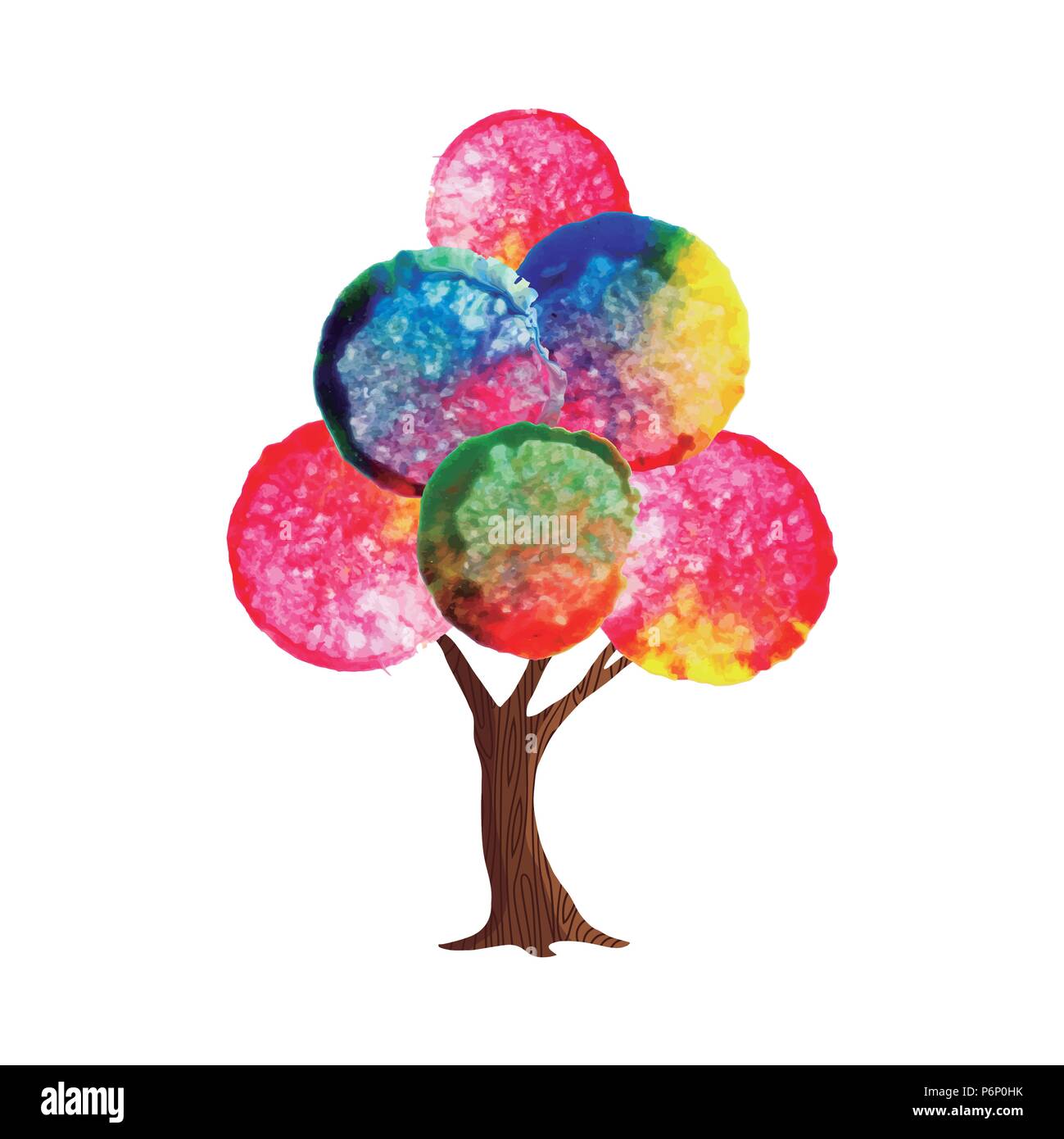 Tree with colorful abstract watercolor leaves. Traditional hand drawn paint decoration. EPS10 vector. Stock Vector