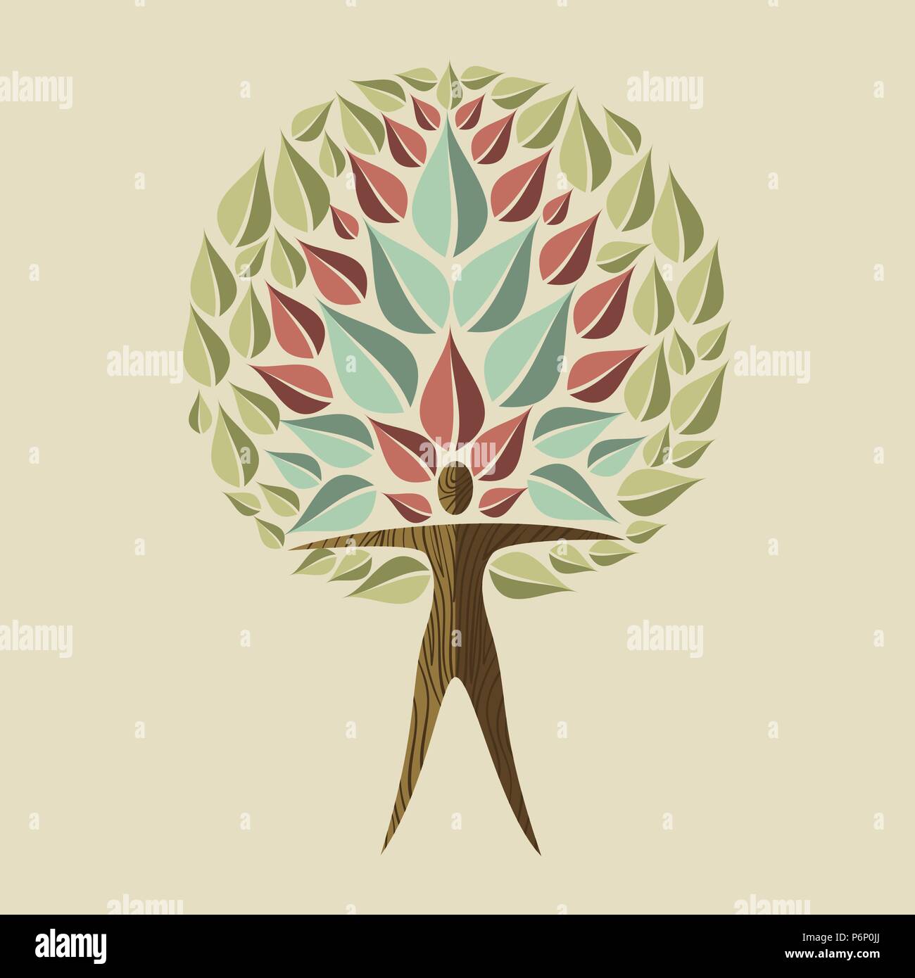 Yoga tree concept illustration. Woman meditating in peaceful pose with nature decoration doing relaxation exercise. EPS10 vector. Stock Vector