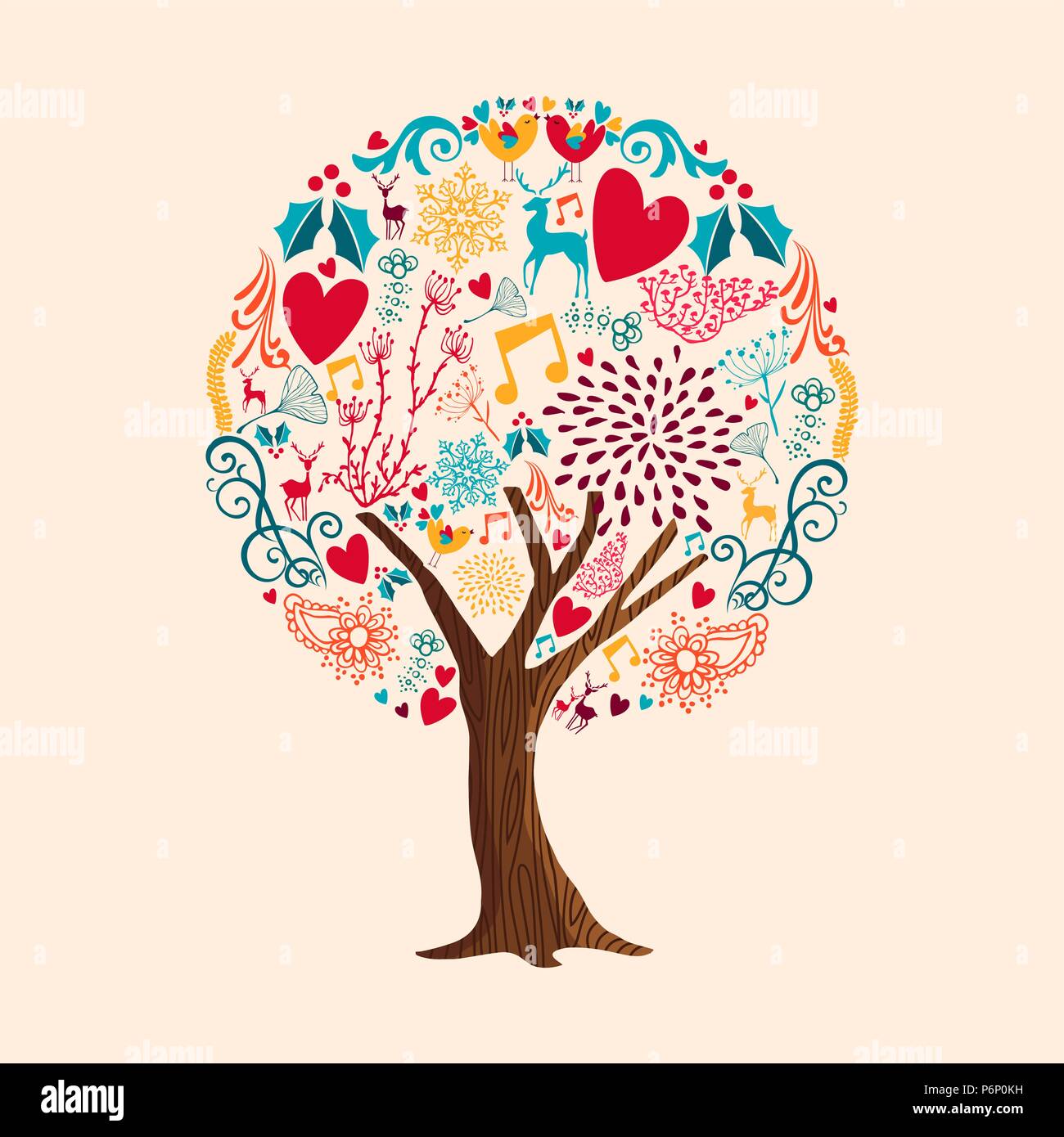 Tree made of vintage christmas ornament icons. Xmas season love concept greeting card with deer, flowers and winter decoration. EPS10 vector. Stock Vector
