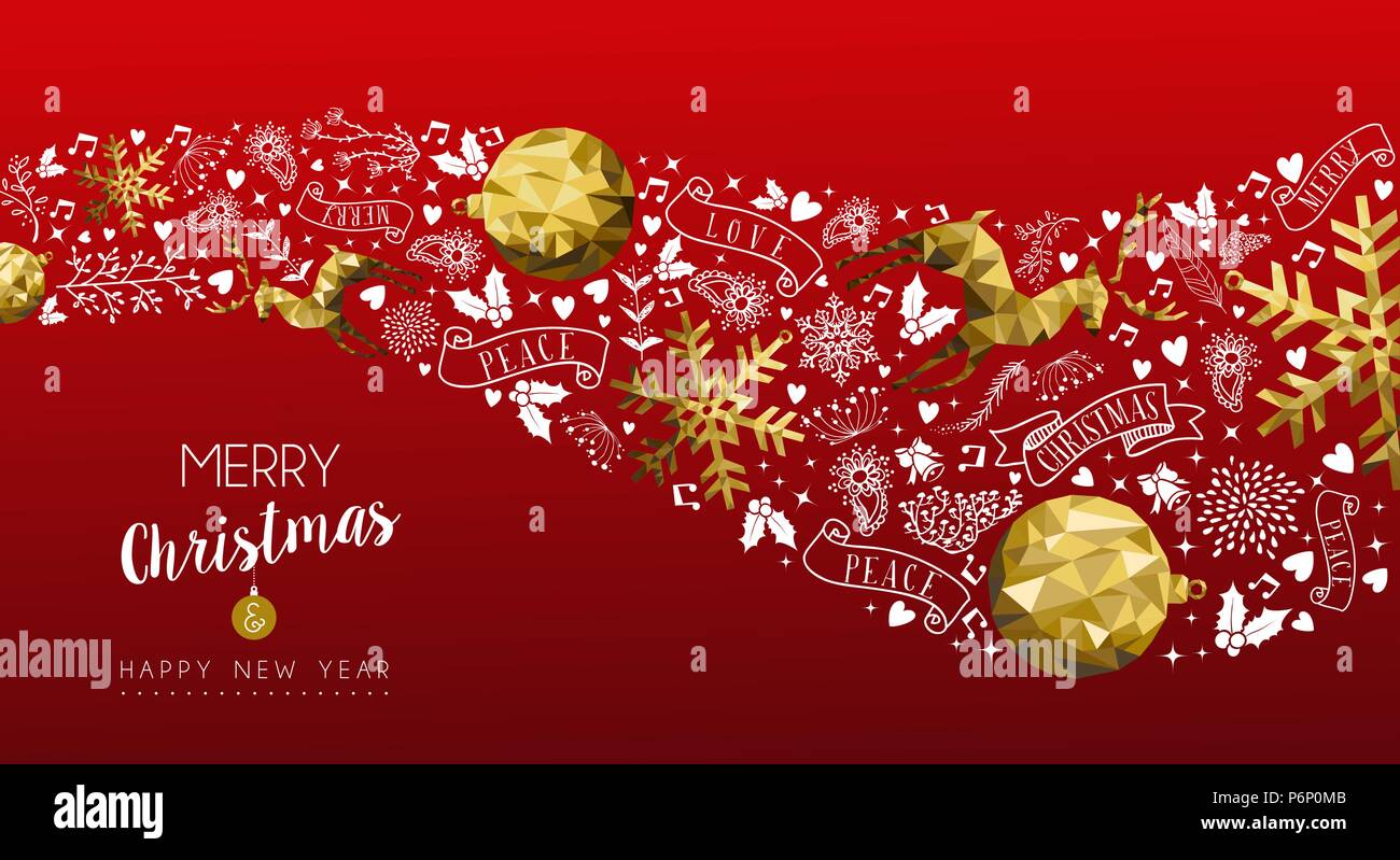 Merry Christmas web banner with new year text quote and gold luxury decoration in low poly style. Includes deer, bauble, snowflake. EPS10 vector. Stock Vector