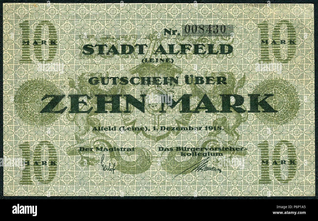 1918-12-01 Stadt Alfeld (Leine) Gutschein über 10 Mark Unterschrift Der Magistrat Das Bürgervorsteher-Kollegium. Stock Photo