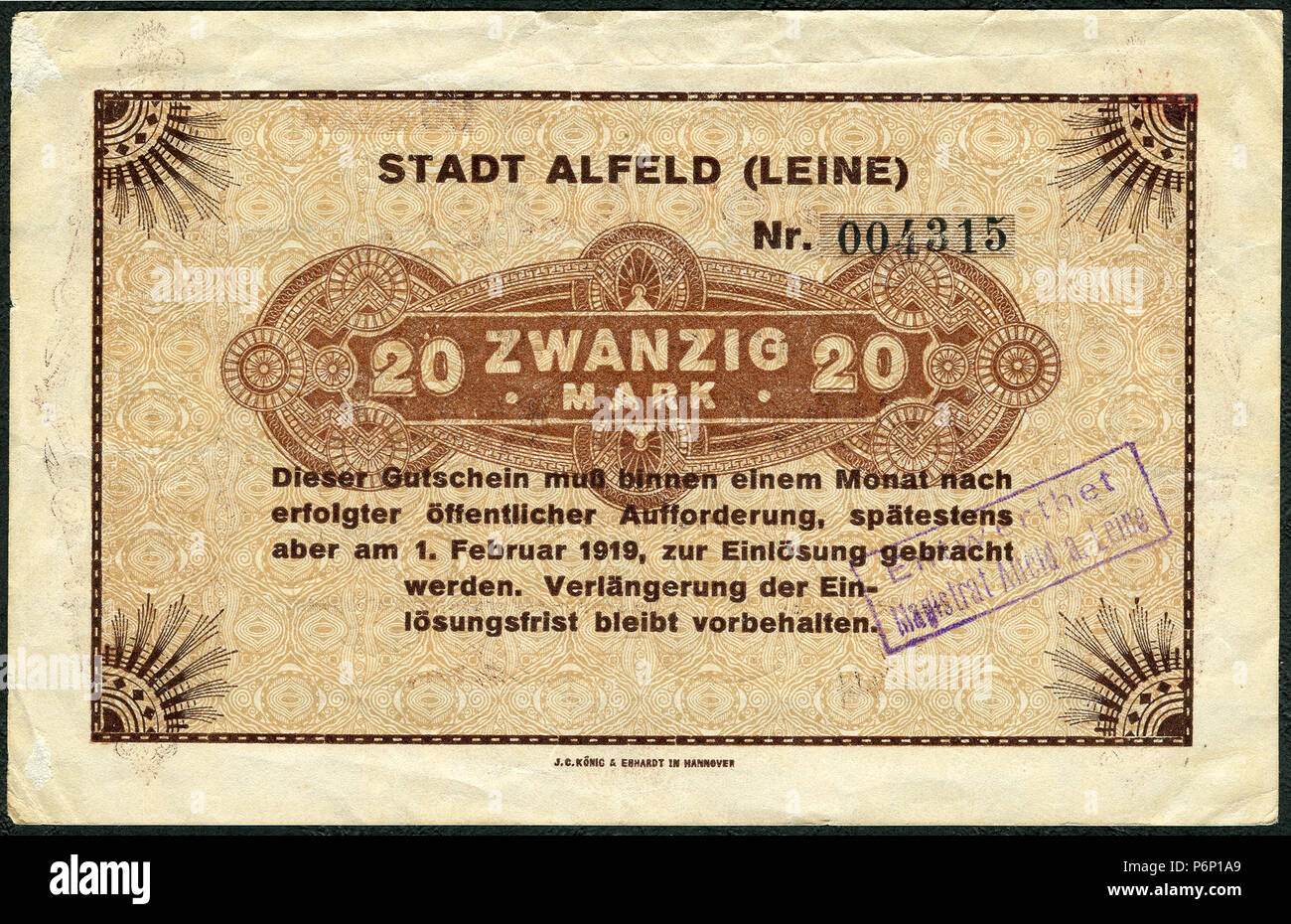 1918-12-01 Stadt Alfeld (Leine) Gutschein über 20 Mark ... am 1. Februar 1919 zur Einlösung ... J. C. König & Ebhardt in Hannover, Entwertet Stempel. Stock Photo