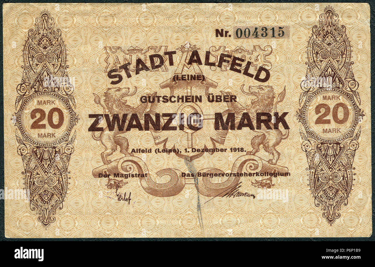 1918-12-01 Stadt Alfeld (Leine) Gutschein über 20 Mark Unterschrift Der Magistrat Das Bürgervorsteherkollegium. Stock Photo