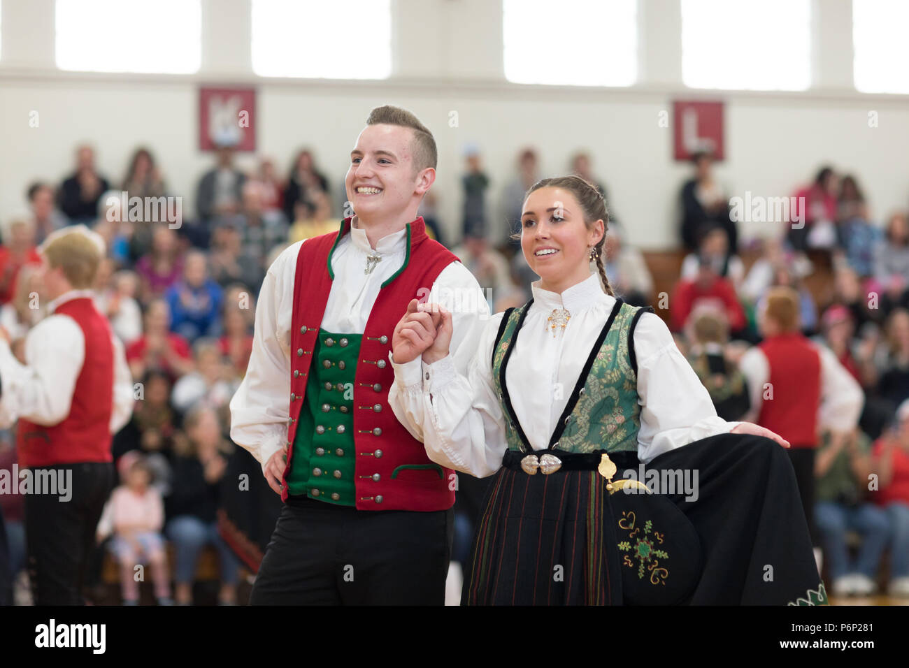 Stoughton, Wisconsin, USA - May 19, 2018 The Stoughton Norwegian Dancers, wearing traditional clothing from norway, perform traditional dances at the  Stock Photo