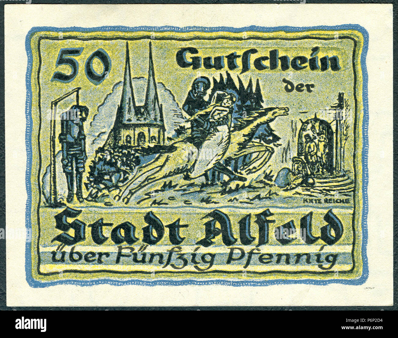 1919-06-18 Stadt Alfeld (Leine) Gutschein über 0,50 Mark fünzig Pfennig Käte Reiche Galgen Gehängter Ritter Kirche St. Nicolai Reiter Frau Pferd. Stock Photo
