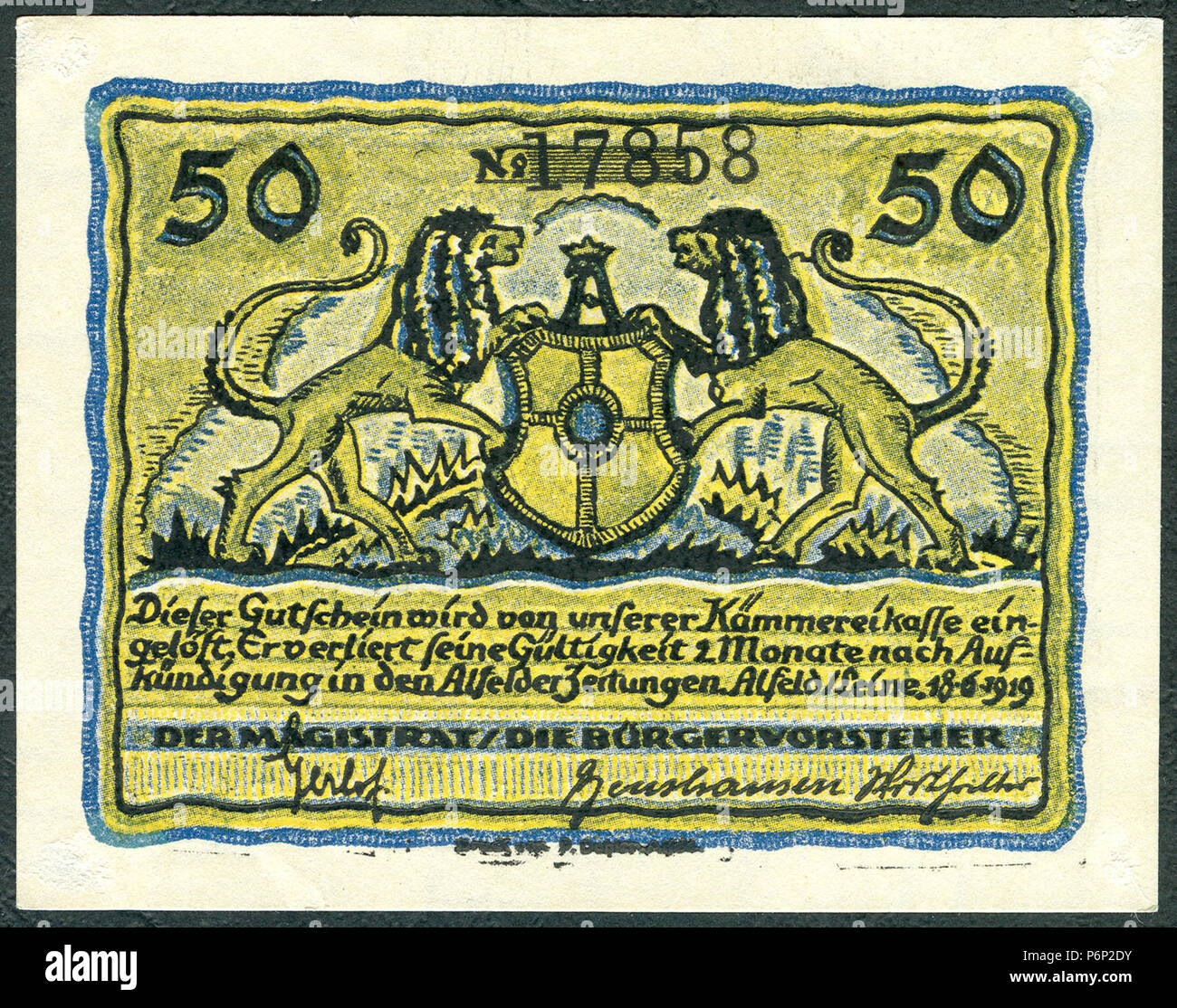 1919-06-18 Stadt Alfeld (Leine) Gutschein über 0,50 Mark fünzig Pfennig Käte Reiche Unterschrift Magistrat Bürgervorsteher Alfelder Zeitungen Löwen Schild Wappen. Stock Photo
