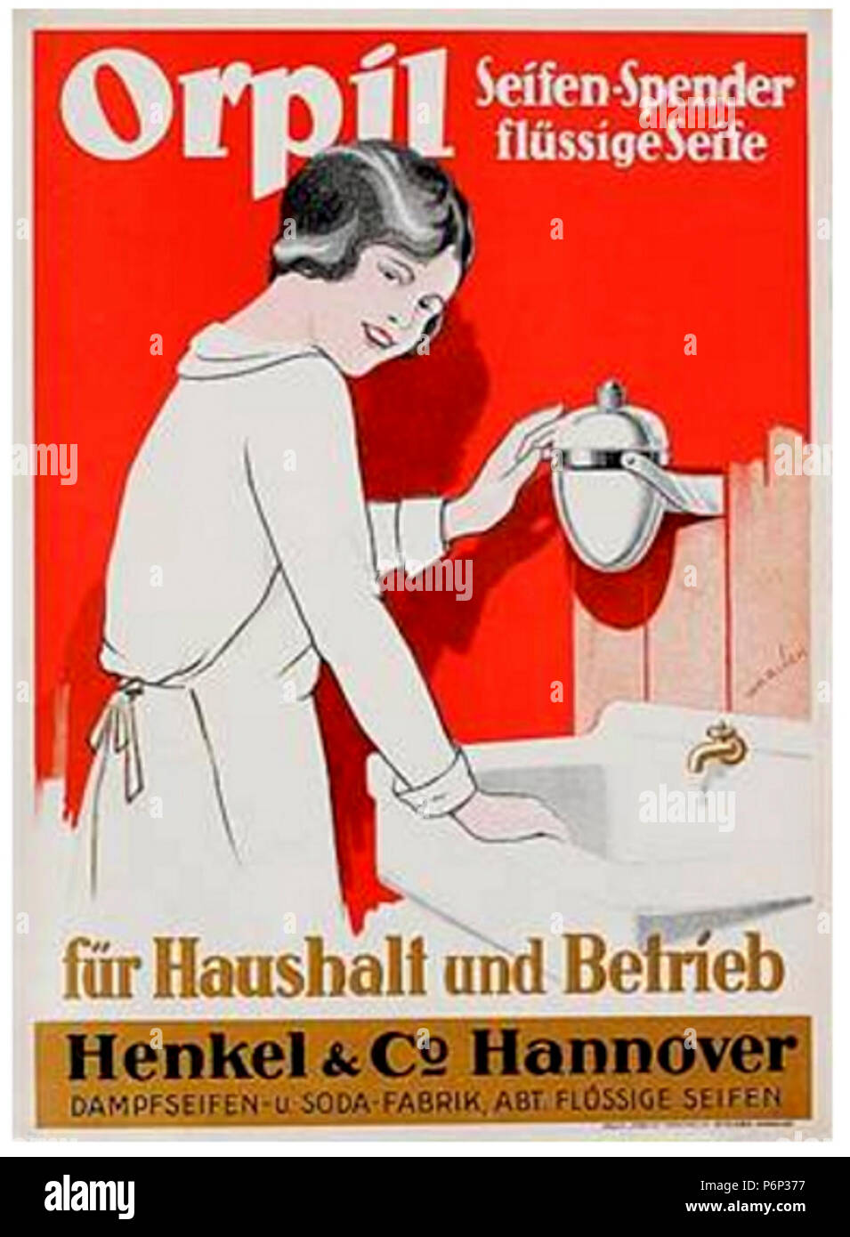 1920 circa Plakat Orpil Seifen-Spender flüssige Seife Henkel & Co. Hannover. Stock Photo