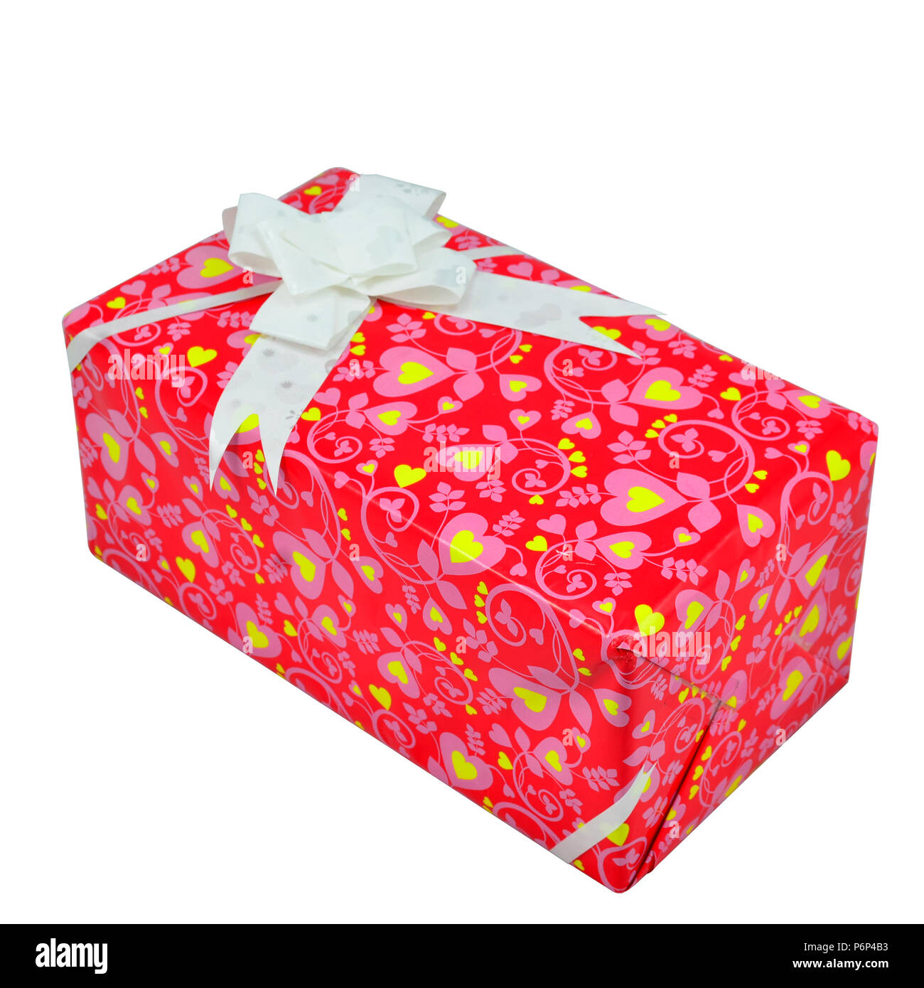 Single red gift box with silver ribbon on white background Stock Photo ...