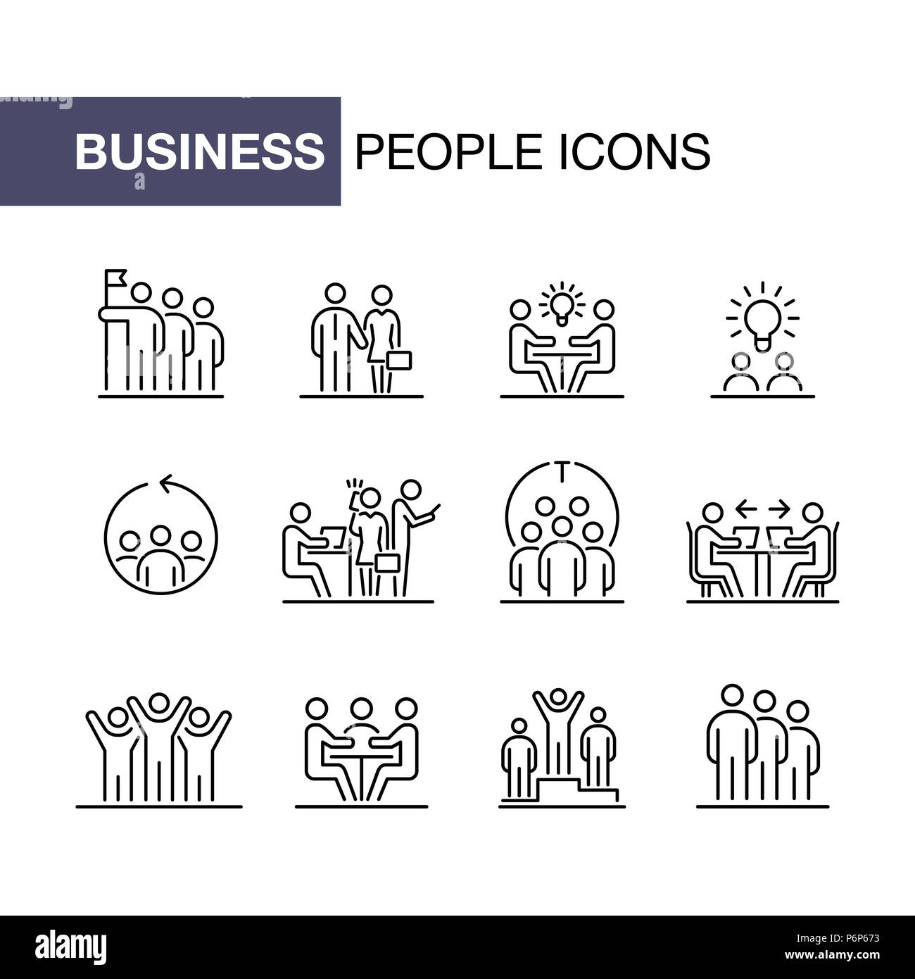 Teamwork business people icon set UI simple line flat illustration. Stock Vector