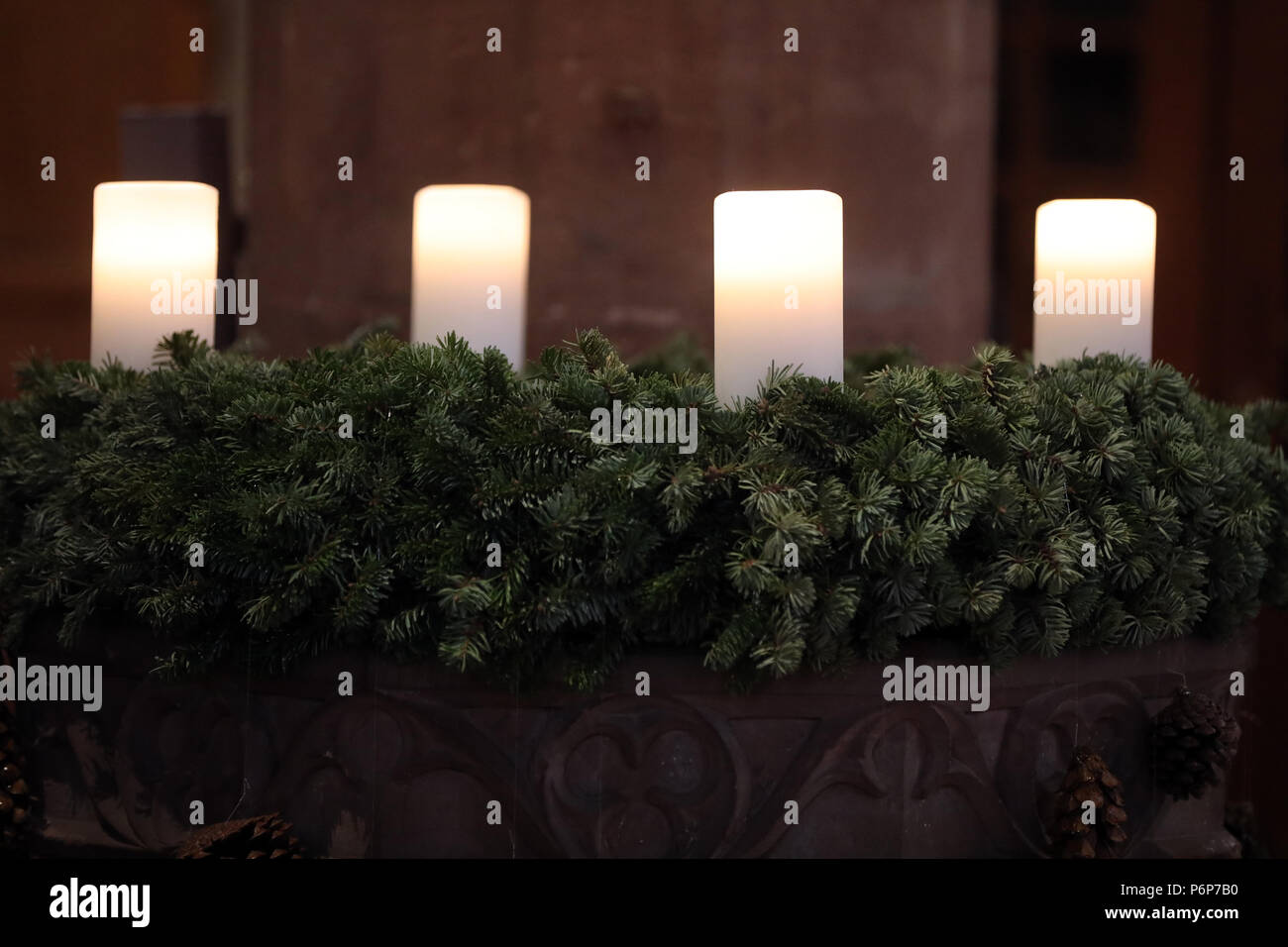 Theodorskirche.  Advent wreath with 4 white candles.  Basel. Switzerland. Stock Photo