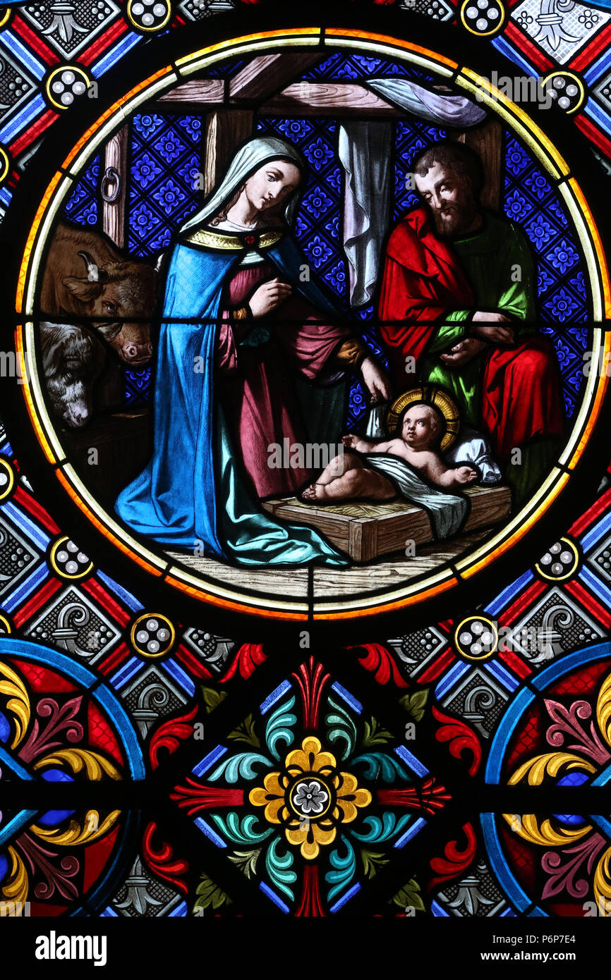 Basel Cathedral Minster. Stained glass window.  Switzerland. Stock Photo