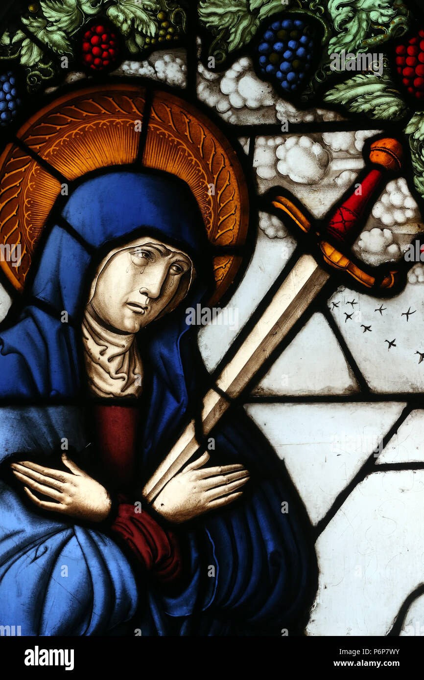 The Museum of History.  Stained glass window. Mater Dolorasa. Fribourg 16 th century. Detail.  Basel. Switzerland. Stock Photo