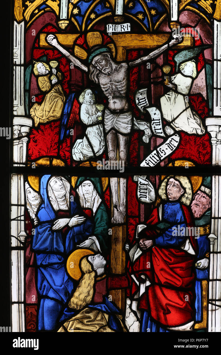 The Museum of History.  Stained glass window.  The crucifixion.  Jesus on the cross.  Detail.  Basel. Switzerland. Stock Photo