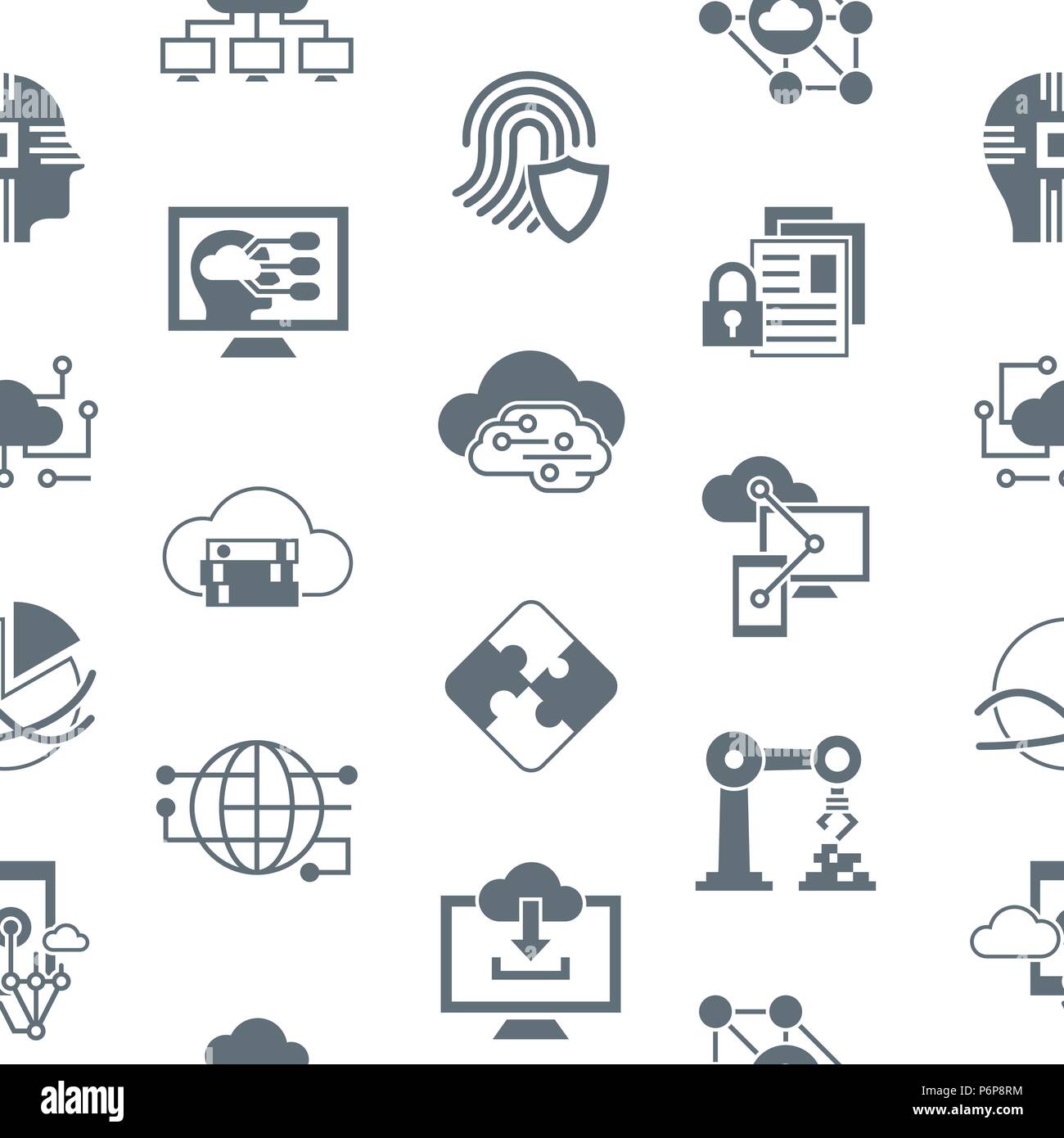 Digital vector artificial intelligence cloud icons set, seamless pattern Stock Vector