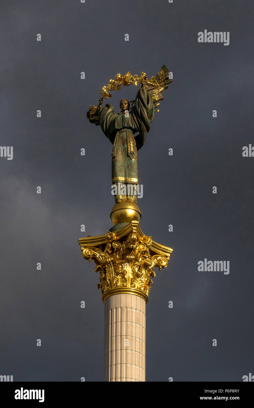 Statue on top of the Independence column on Maidan square, Kiev. Ukraine. Stock Photo