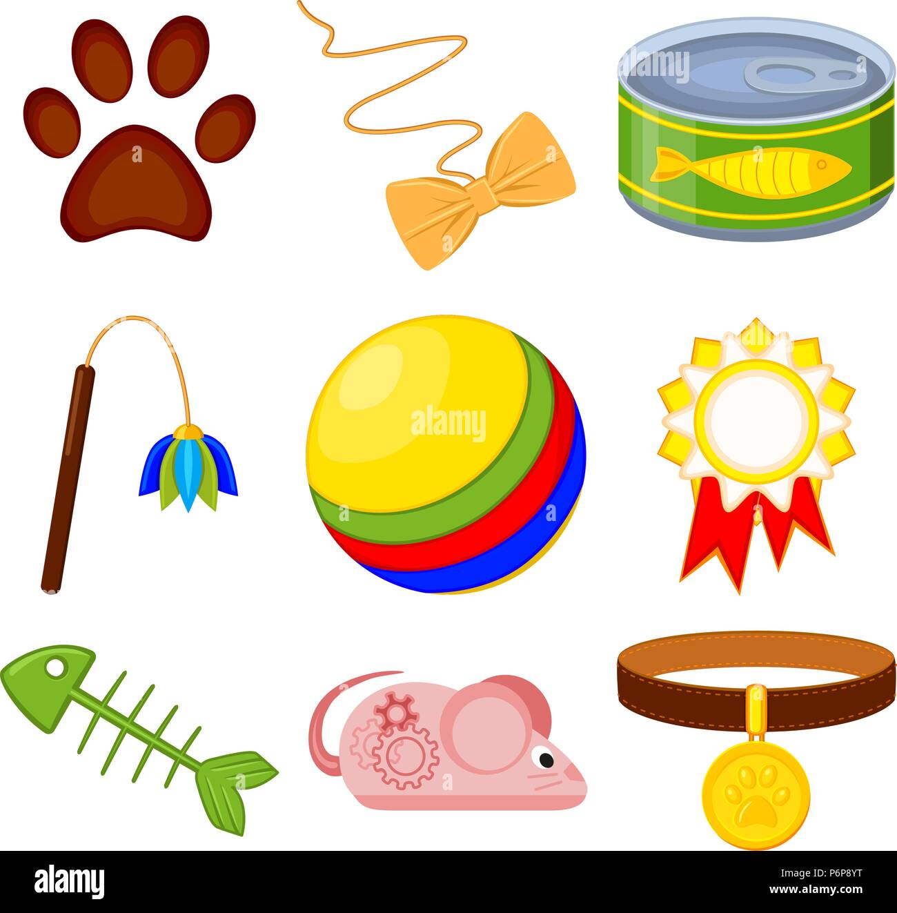 Colorful cartoon 9 cat care elements set Stock Vector