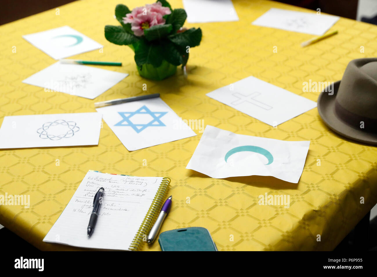 Interfaith dialogue.  Symbols of islam, juda•sm and christianity.  Annecy. France. Stock Photo