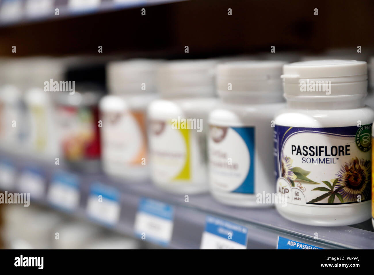 Pharmacy.  Medicine in shelves.  Natural medicine.  France. Stock Photo