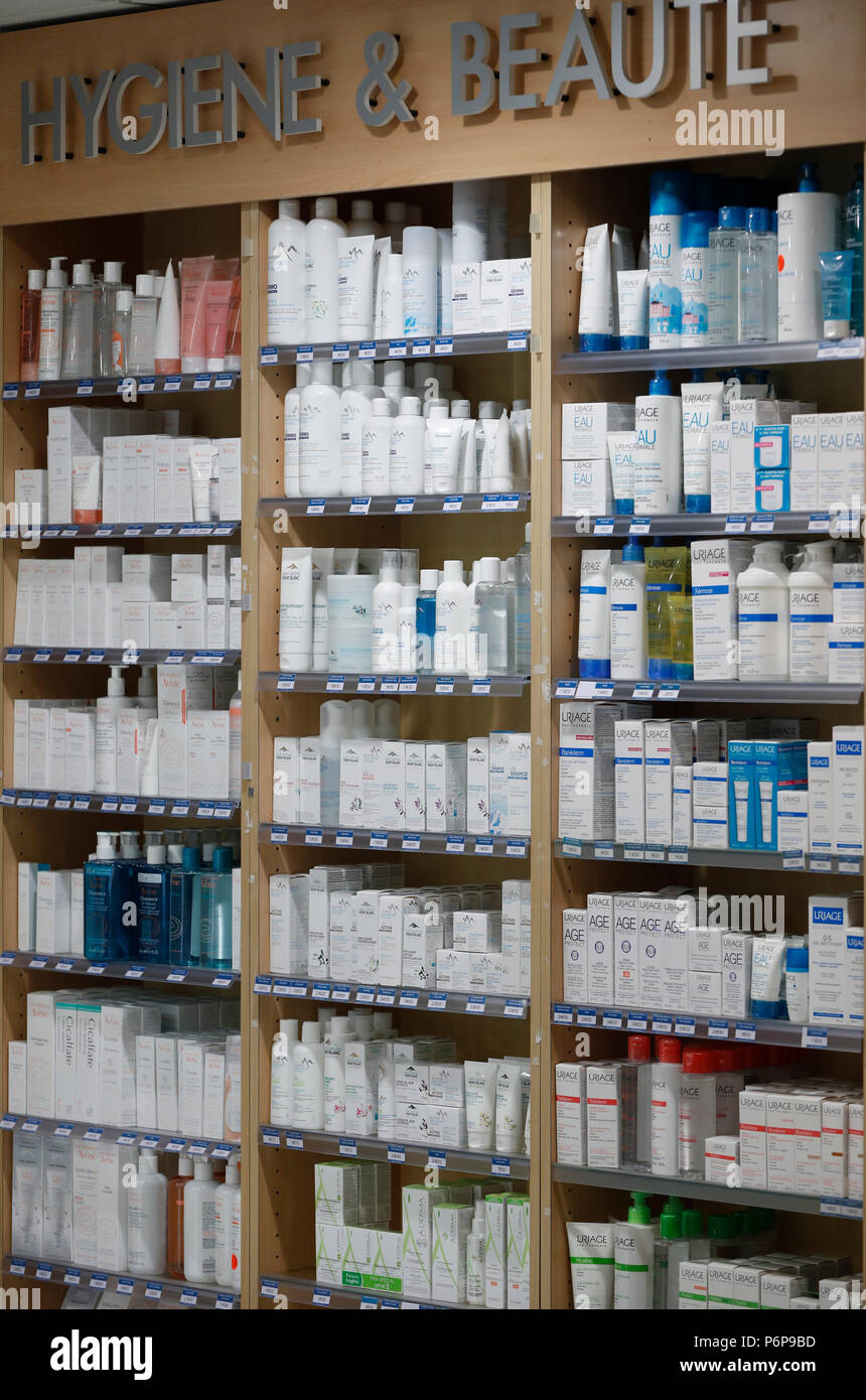 Pharmacy.  Medicine in shelves.  Non-prescription drug store. Beauty products.  France. Stock Photo